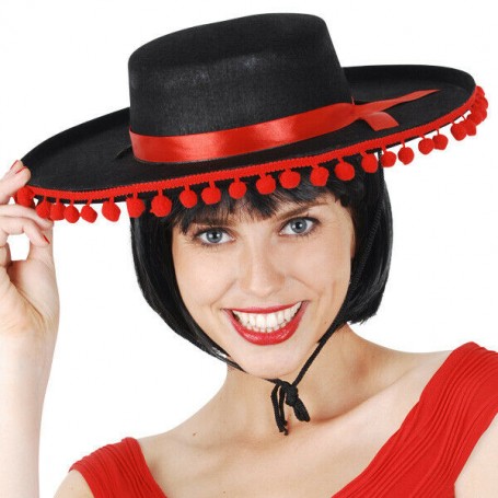 Spanish Black Hat with Red Pom Pom Trim