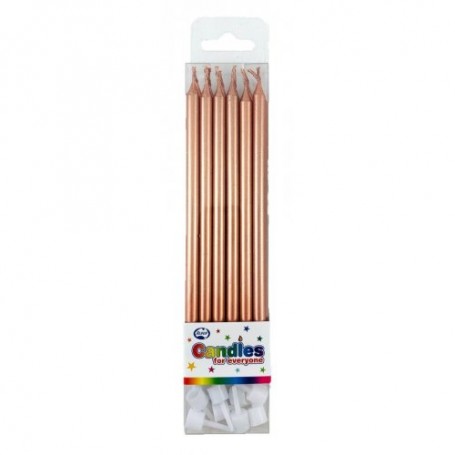 Rose Gold Metallic Slim Candles 12cm with Holders - 12 Pack